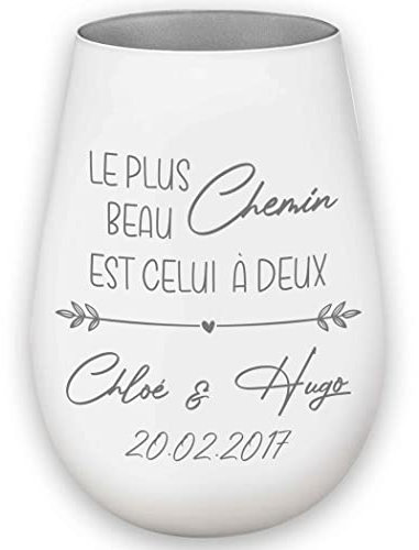Photophore en Verre - Personnalisable - Blanc/Argent - Le Plus Beau Chemin est celui à Deux -Gravure Noms - Amour - Saint Valentin - Anniversaire Mariage Partenaire