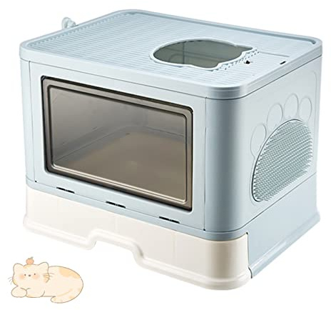 Bandeja de Arena para Gatos, Arenero Portatil con Tapa, Gran Casa de Aseo de Gato Plegable, Bandeja de Cajón y Pala para Cama, WC para Gatos (48,5 x 36,5 x 38 cm PP-blu)