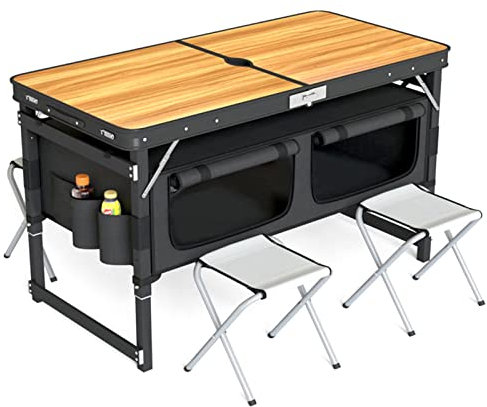 Tragbarer Outdoor-Camping-Klapptisch, Faltbarer Picknicktisch mit Aufbewahrungstasche und 4 x Hocker, höhenverstellbarer Klapptisch für Reisen, Garten, Grillen, Aktivitätsparty (Farbe: B)