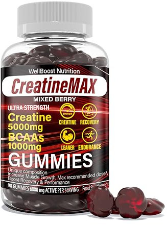 WellBoost Creatine MAX Gummies - 5000mg Creatine Monohydrate & 600mg BCAAs per Serving - Vegan, Sugar-Free Chewable Gummies with Strawberry & Banana Flavour - 90 Gummies (1 Month Supply)