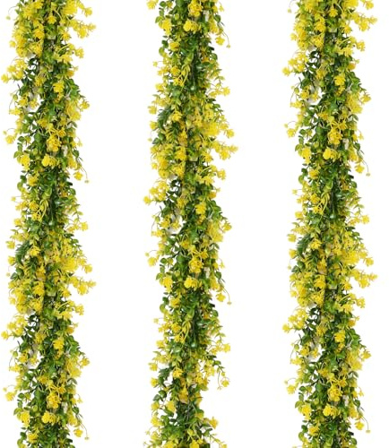 RECUTMS Artificial Hanging Garland Fake Eucalyptus Artificial Plants Vines | Fake Hanging Leaf Garlands with Flowers Faux Plants for Indoor Outdoor Autumn Thanksgiving Wall Wedding Decor(Yellow)