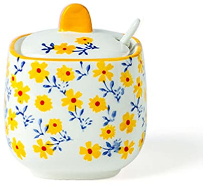 Sucrier à motif dessiné à la main avec couvercle, pot à sucre en forme de tasse à thé en céramique, accessoires de café, bec verseur à sucre, rangement de cuisine-rouge-un pots à épices de cuisine ( C