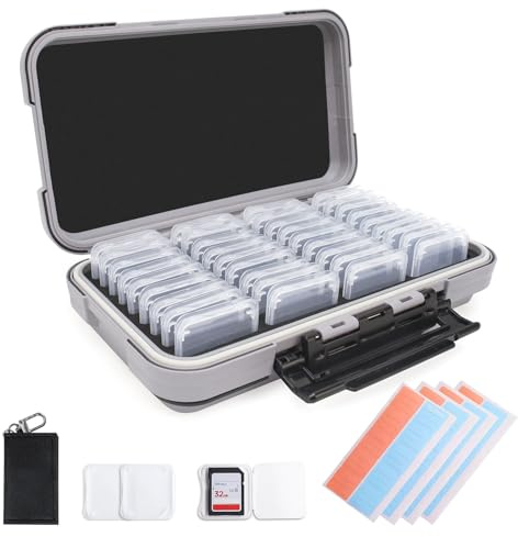 Camry - Funda para tarjetas de memoria, 36 ranuras, 36 transparentes, gris claro, almacenamiento de cámara con fundas de plástico individuales para tarjetas SD