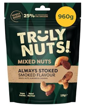 Truly Nuts! Always Stoked Smoked Mixed Nuts 960g | Baked Not Fried | Deep smoked Brazil, almond & cashew trio. Baked not fried. Source of fibre. Reforests the Amazon. 8 pouches