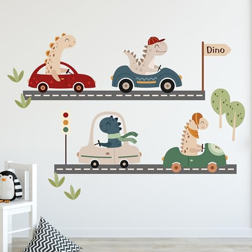 GRAZDesign Wandtattoo Dino Autos Set Kinderzimmer für Jungen und Mädchen, Wandsticker Dinosaurier - 100x57cm