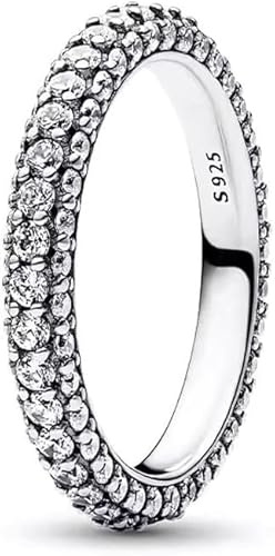 TOFBS Anillo Pavé Completo S925 Plata Esterlina Cristales Brillantes Banda Eternidad Joya Elegante Compromiso Alianza Mujer