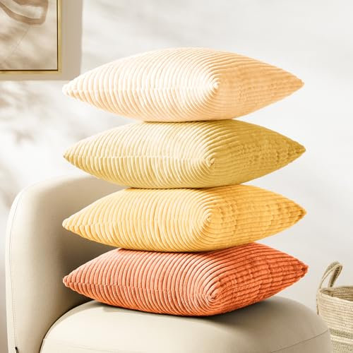 Softalker Kissenbezug Herbst 50x50 Orange Gelb Cord 4er Set Kissenhüllen Kissenbezüge Dekokissen Sofakissen Couchkissen modern Deko für Sofa Wohnzimmer Bett Büro Balkon Garten Aesthetic Zimmer Decor