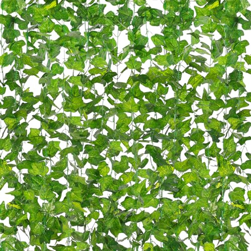 Homvik Confezione da 24 viti artificiali di edera finta da 40 m, ghirlanda di edera artificiale, pianta da appendere per parete, stanza, giardino, recinzione, resistente ai raggi UV, foglie verdi