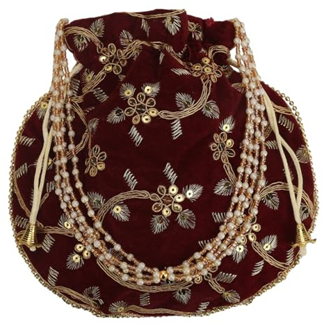 Craft Trade Women's Cotton Embroidered Potli Bag with Drawstring and Pearl Handle Pouch Golden Work Ladies Purse for Bridal, Dark Maroon, M