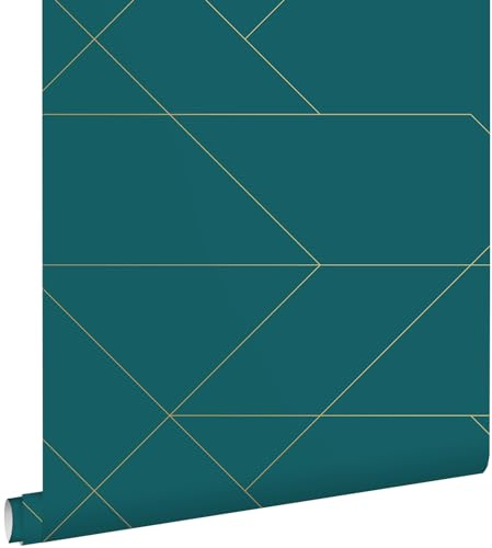 papier peint lignes graphiques bleu canard et or 53 cm x 10.05 m - ESTAhome