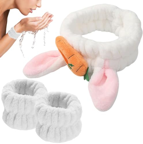 WeddHuis bandeau de cheveux maquillage peluche Noël bois de cerf bandeau de maquillage avec poignet shampooing décapant bain SPA cadeau d'anniversaire pour les femmes (blanc)