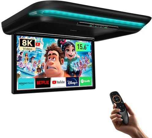 XTRONS 15.6 Electric Motorized Flip-Down Android Car Overhead TV, 1080P IPS Screen 8K Video Ceiling Mount, Colorful Aura Light Car Roof Multimedia Player, Built-in Speakers, Support HDMI/USB/AV