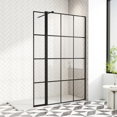 AQUARA 900mm Shower Screens with 300mm Return Panel, with 8mm Easy Clean Toughened Glass, Black Grid Walk in Shower Enclosure, Support Bar Includes