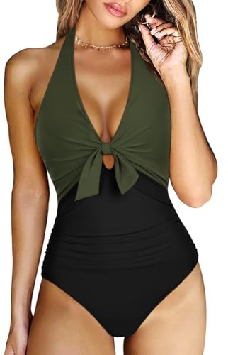RXRXCOCO V Ausschnitt Push Up Sexy Badeanzug Damen Bauchweg Shape Bademode Neckholder Rückenfrei Badeanzug Mit Cups Swimsuit Grün Schwarz L