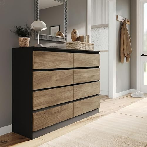 URBNLIVING Modern Black Wooden Chest with Oak 8 Drawers for Bedroom Office Storage Versatile Bedside Table Stylish Cabinet for Organizing Clothes Accessories Work Place Supplies and Personal Items