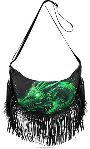 GAIREG Geldbörse mit Fransen Handtasche mit Quaste Boho Crossbody Tasche Western Leder Geldbörse, Grüner Drachenkopf auf dunkel