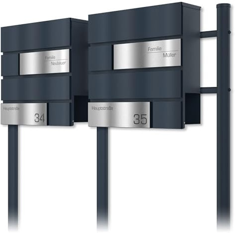 Graviers Design Cassetta per le lettere doppia con supporto antracite RAL 7016 - acciaio inox personalizzazione nome via numero civico - Cassetta per le lettere con serratura design 1