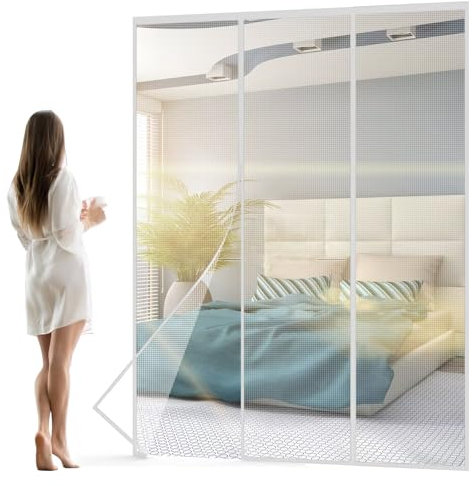 Cortina de puerta con mosquitera 105x190cm Blanco sin perforación, cortina antimoscas para puerta, antiinsectos, mosquitos para niños y mascotas