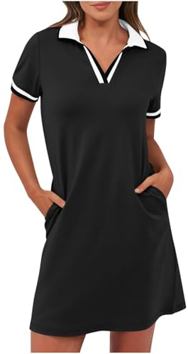 EMATOP Polokleid Damen Sommer Kurz Minikleid Knielang Shirtkleid V-Ausschnitt Elegant Tunika Kleid mit Taschen Blusenkleid Baumwolle Einfarbig Tennis Kleider Casual Leicht Shirtkleider