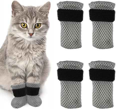4 st kattvantar för att förhindra repor, justerbara kattstövlar för att förhindra repor, andningsbara nätskor, förhindra repor, lämpliga för bad, matning och nagelklippning (grå)