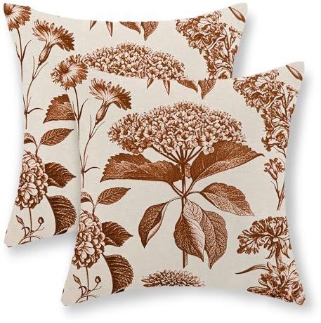 GOLIANDA Orange Pillow Covers 18x18 Set of 2 Vintage Boho Floral Hydrangea Herbs Botanical Fall Throw Pillows Fall Outdoor Decoration Pillowcase Linen Farmhouse Cushion Case Decorative for Couch Sofa