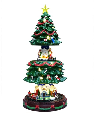 YQQY 19 Christmas Tree Village House - Animated Tabletop Display with Moving Train, Up & Down Christmas Tree, LED Lights, and Holiday Music - Adapter Included Christmas Decor for Home Gift