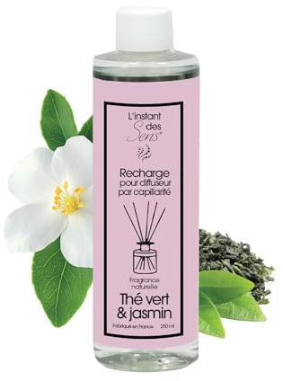L'Instant des Sens Recharge Diffuseur de Parfum par Capillarité Maison Thé Vert & Jasmin - Recharge pour Diffuseur à Bâtonnets - Senteur Apaisante Longue Durée - Parfum d'Ambiance Maison - 250ml