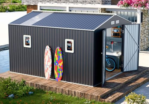 WELYAS 10x10 FT Metal Outdoor Storage Shed,Unique Clear Roof Window Lockable Double Door Vent Heavy Duty Reinforced Frame Waterproof Sheds for Garden Yard Store Large Lawnmower Tools,Dark Grey