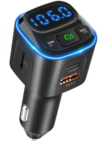 Wegman FM Transmitter Auto Bluetooth Adapter, Freisprechanlage | Musik über Bluetooth/SD-Karte/USB-Stick, Zigarettenanzünder USB C 36W & QC3.0 Autoladegerät