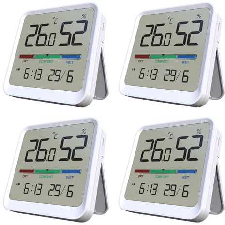 Temtop Termoigrometro Interno 4 in 1, Misuratore Preciso di Temperatura e Umidità con Visualizzazione di Data e Ora, Precisione ±1°C ±5% UR, Gamma -10°C~50°C / 10%~95% UR