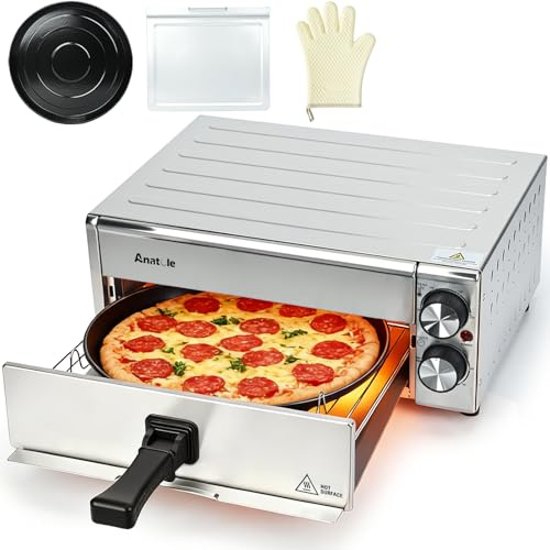 Anatole Horno de Pizza Eléctrico Freidora de Aire Acero Inoxidable 12 1800W Pizzera Sobremesa Tiempo Temperatura Ajustable Pizza Oven Interior Multifuncional con Parrilla Bandeja Extraíble