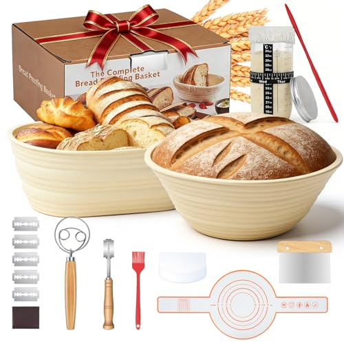 Snorthy 19 Pièces Kit Boulangerie avec 2 Banneton pour Pain 25cm et 23cm, Grattoir à Pâte, Mélangeur à Pâte, Fouet à Pâte Fournitures de Cuisson du Pain pour Les Débutants et Les Boulangers