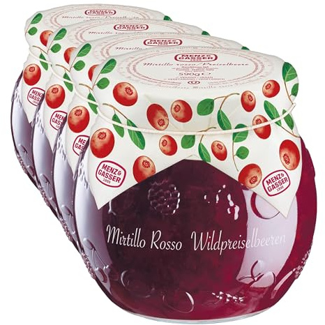 Menz&Gasser, Confettura Extra di Mirtilli Rossi Edel Plus, Ideale come Colazione o Spuntino, con Frutta di Alta Qualità in pezzi, 1 Vaso x 620 g (Confezione da 4)