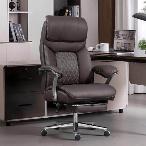 HDHNBA Silla de Oficina Grande y Alta - Silla ejecutive Extra Ancha de Cuero Lujoso con,Silla ergonómica de Servicio Pesado,sillas computadora de Respaldo Alto con Altura Ajustable(Marrón)