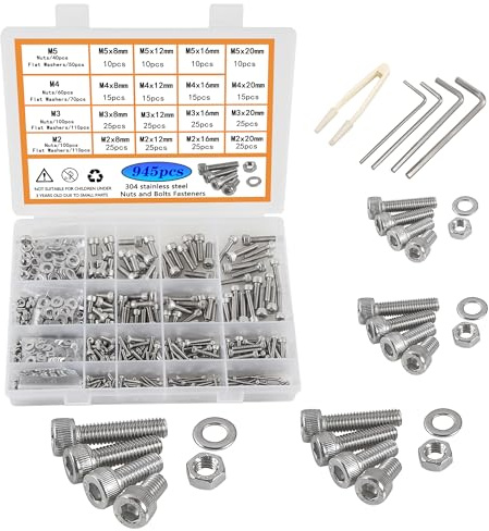 Rshuhx 945pcs M2 M3 M4 M5 Nut and Bolt Sets 304 Stainless Steel Hex Socket Screws Assortment Kit Metric Bolts Nuts Washers Set With Storage Box for DIY Home Repair Car Furniture