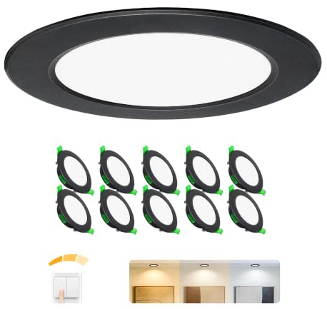 Einbaustrahler LED Einbaustrahler 230V Dimmbar Flach Led Spots 230V 10er | 6W 3 Stufen Einbauspots Schwarz, IP44 Bad Einbauleuchten für Badezimmer 75-90mm Lochmaß, 3CCT Warmweiß Neutralweiß Kaltweiß