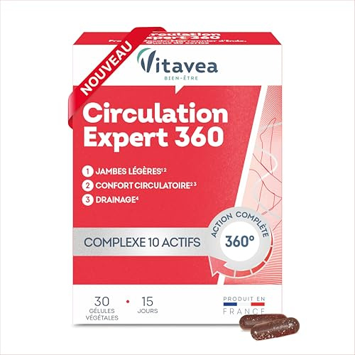 Vitavea Bien-être - Circulation Expert 360 - Marron, Cassis - 15 jours | Jambes Légères & Confort Veineux - 10 Actifs - Vitamines C E B6 & Sélénium - Gélule Végétale - Fabriqué en France