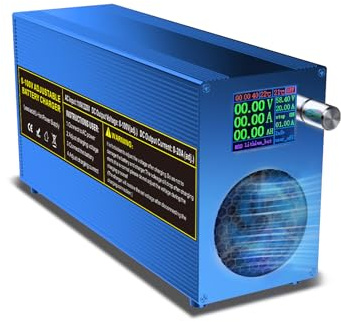 Capacity.Li Cargador Ajustable 0-100V 0-20A Azul para baterías LiFePO₄, Litio y Plomo-ácido – Cargador Universal Inteligente AC/DC con Pantalla a Color, Conector Anderson y Pinzas de cocodrilo