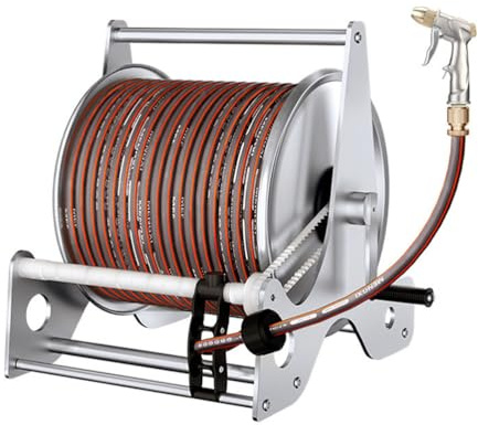 Stainless Steel Garden Hose Reel with 20m Hose and Water Gun for Watering Plants, Lawn Care, Car Washing, and Patio Use
