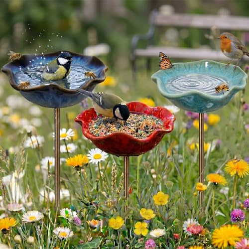 Bienentränke Keramik Blume & Vogeltränke Stehend - Gartendeko für Draußen Wetterfest, Insektentränke Garten für Wildvögel, Bienen & Schmetterlinge (Dreiteiliges Set)