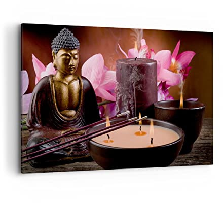 Wandbilder Dekoration Wohnzimmer Buddha Kerzen Religion Bilder auf Leinwand 120x80cm Leinwandbild Schlafzimmer Küche Deko Wand Kunstdruck Art Groß XXL Wanddeko Bild Wall Decor Canvas AA120x80-2631