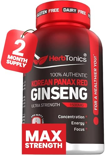 Herbtonics Korean Red Panax Ginseng 1500mg - Energy Supplement for Peak Performance, Focus & Vitality - High Potency Ginseng Root Extract - 120 Vegan Capsules