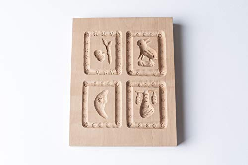 Springerle-Model 4 Motive, Holz Form Birnbaum, Backform für Anisgebäck, ca. 9,5 x 12 cm, letzte Stückzahlen!
