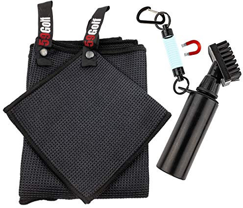 59Golf Reinigungsset: Schäumende Golfschläger Bürste mit Wasserreservoir + Golfschläger Handtuch + Golfball Handtuch + Magnetclip (Schwarze Handtücher)