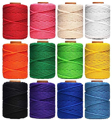 HULISEN Macrame Cord, 3mm x 396 Yards Natural Cotton Twine, 12 Rolls 4 Strand Colored Macrame String, Colorful Cotton Rope for DIY Crafts Knitting, Artworks, Wall Hanging, Plant Hangers