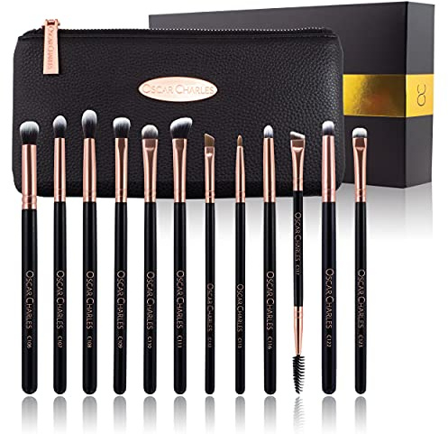 Oscar Charles Eye Makeup Brushes Set, 12 Make up Brushes Professional Including Luxury Cosmetic Bag - Rose Gold