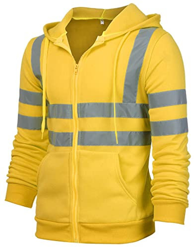 AUBIG Chaqueta de seguridad para hombre con capucha, chaqueta reflectante, chaqueta de advertencia, chaqueta de trabajo, chaqueta de alta visibilidad, amarillo, XL