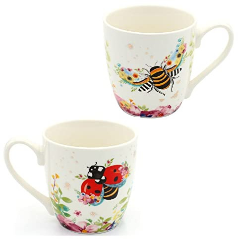 Dekohelden24 2er Set Kaffeebecher Kaffeetasse aus Porzellan - Motiv: Biene und Marienkäfer - Größe H/Ø: 10 x 9 cm, Fassungsvermögen 400ml, spülmaschinengeeignet