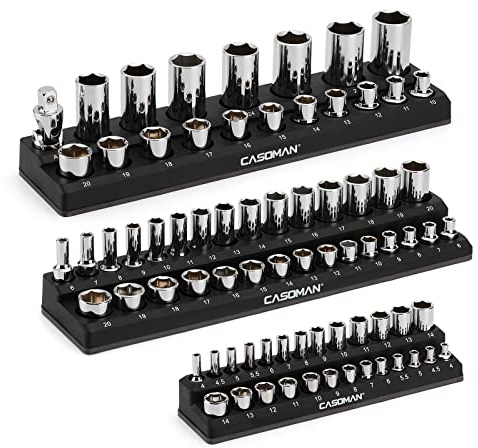 CASOMAN 3PCS Magnetic Socket Organizer, Socket Holder Kit, 1/2-inch, 3/8-inch, 1/4-inch Drive, Holds 75 Metric Sockets, Black Color, Professional Quality Tools Organizer