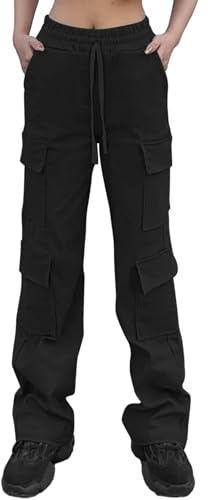 Nuofengkudu Cargo Pantalon Large Femme 6 Poches Taille Haute Elastique Travail Pantalons à Cordon De Serrage Bootcut Longue Multipoches Y2K Pants Mode